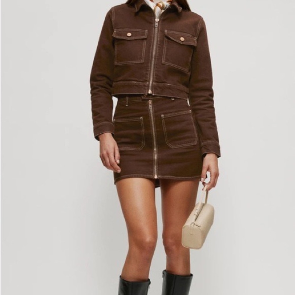 Reformation Anna Patch Pocket Denim Mini Skirt in Brown Brand NWOT 23”